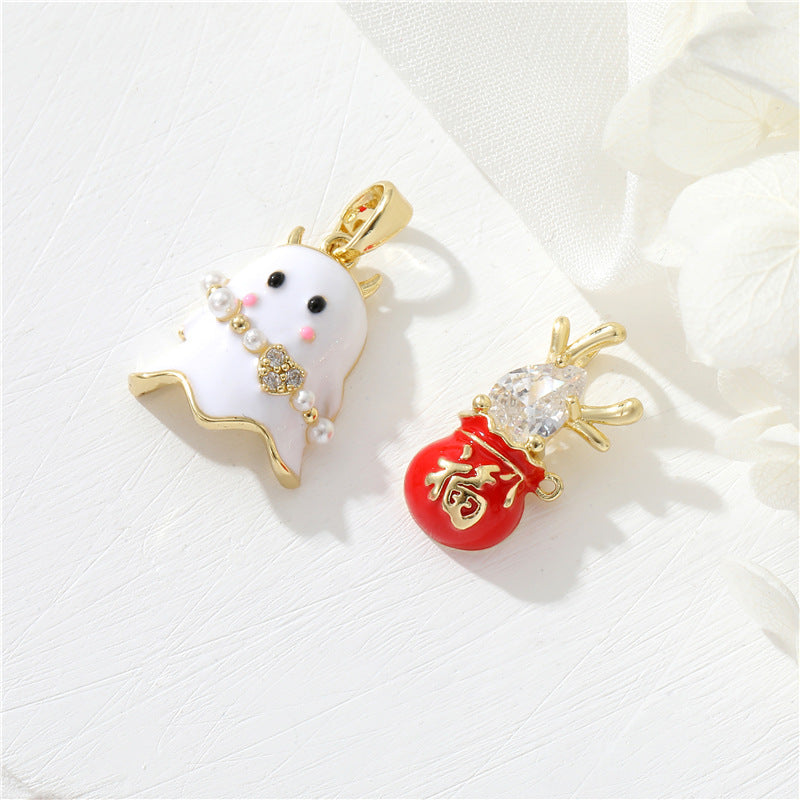 2 Pendentif Charme Fantôme Émail Époxy 14K GF Strass Embelli