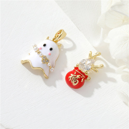 2 Pendentif Charme Fantôme Émail Époxy 14K GF Strass Embelli