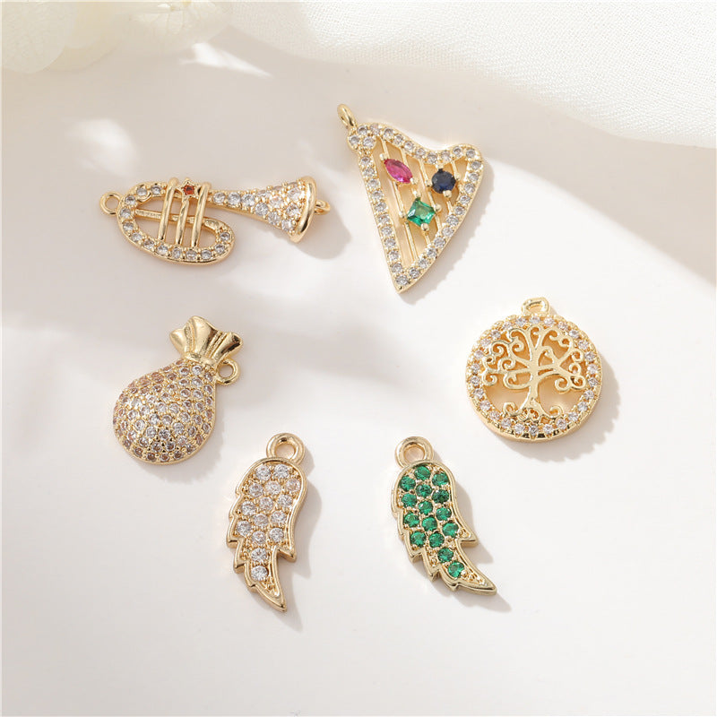 2 Harpe Arbre Moneybag Trompette Aile d’Ange Charme Pendentif Émail Époxy 14K GF Strass Embelli