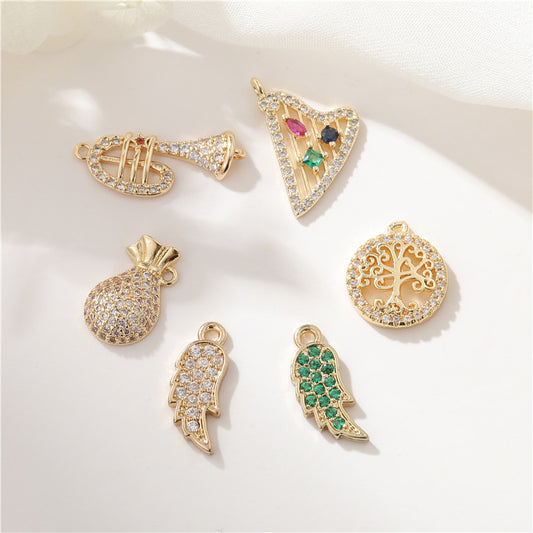 2 Harpe Arbre Moneybag Trompette Aile d’Ange Charme Pendentif Émail Époxy 14K GF Strass Embelli