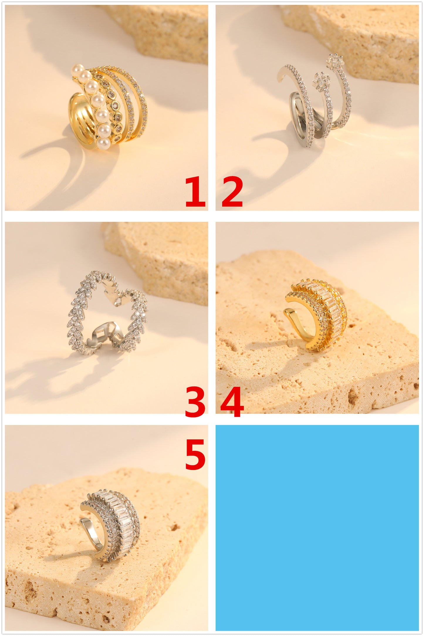 4 Chunky Earcuff Earrings Rhinestone Embellished 14K GF Earing