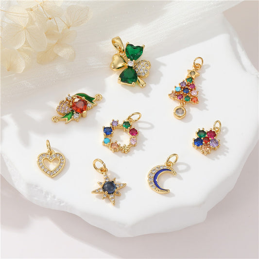 2 coeur floral lune cercle étoile arbre de Noël pendentif à breloque strass embelli 14K GF