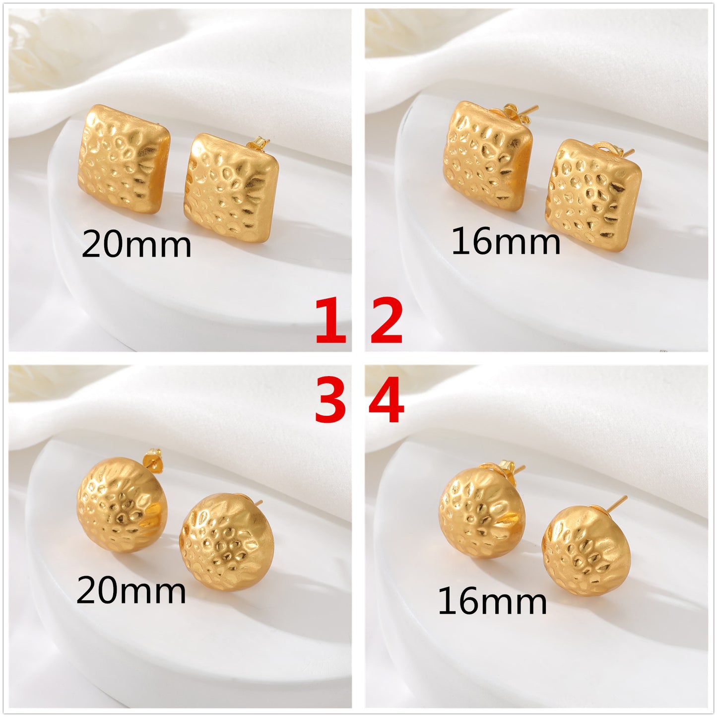 4 gehämmerte quadratische runde Ohrstecker aus 14-karätigem GF