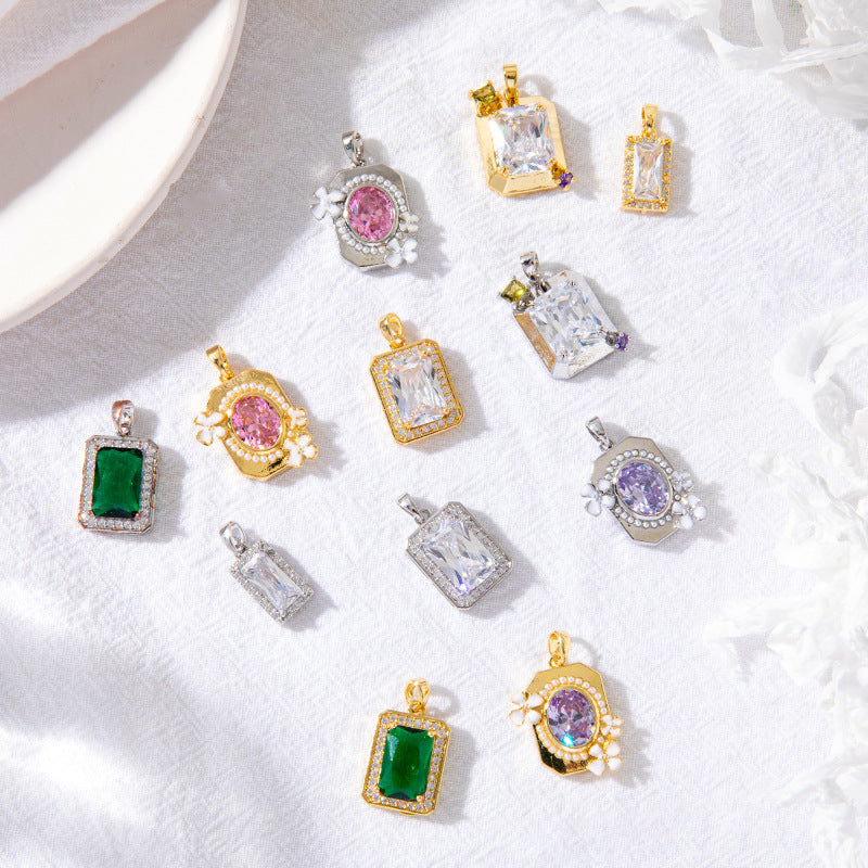 2 Oval Rectangle Charm Pendant Rhinestone Embellished 14K GF