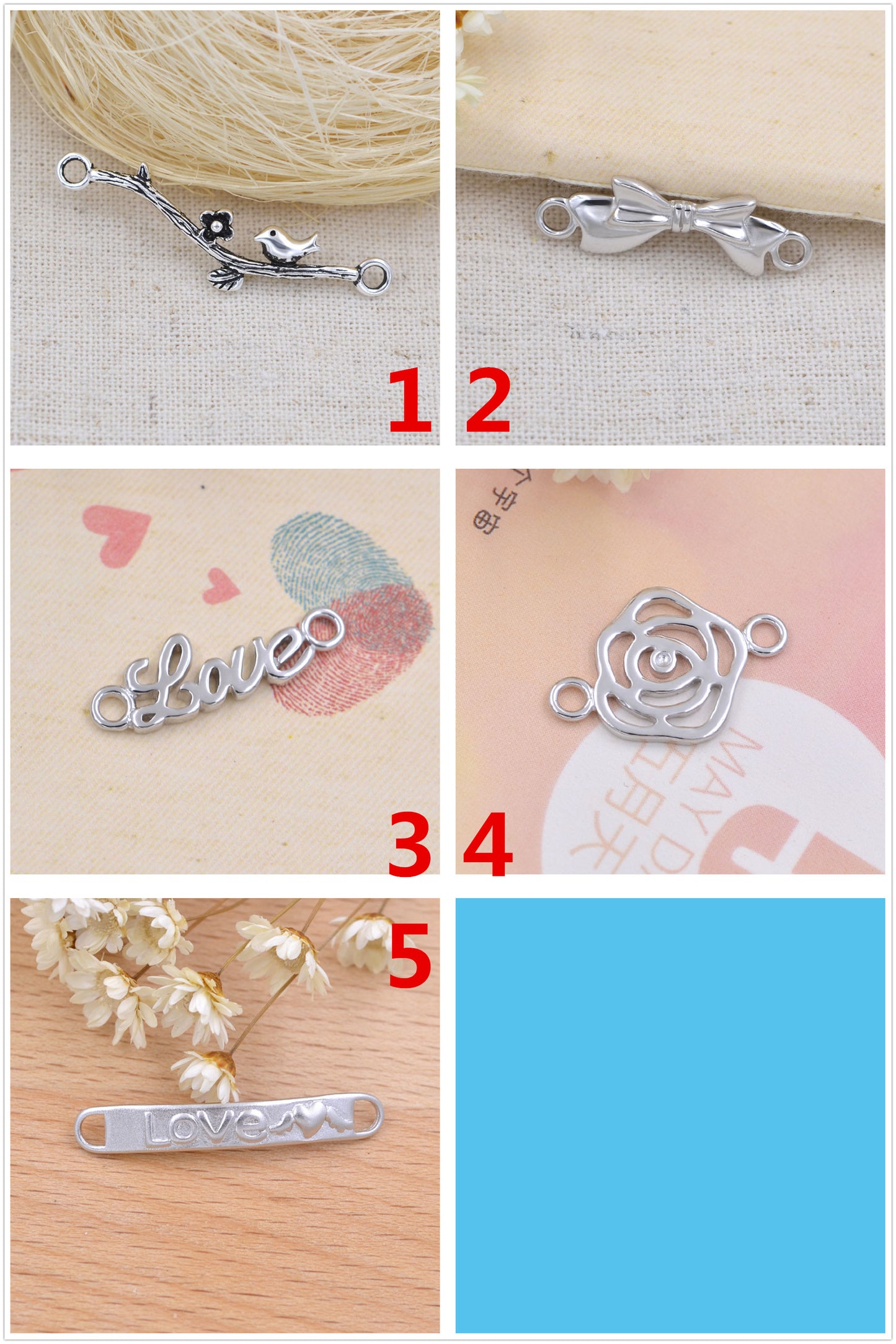 Sterling Silver Double Looped Branch Bowknot Love Rose Charm Connector S925 Finding