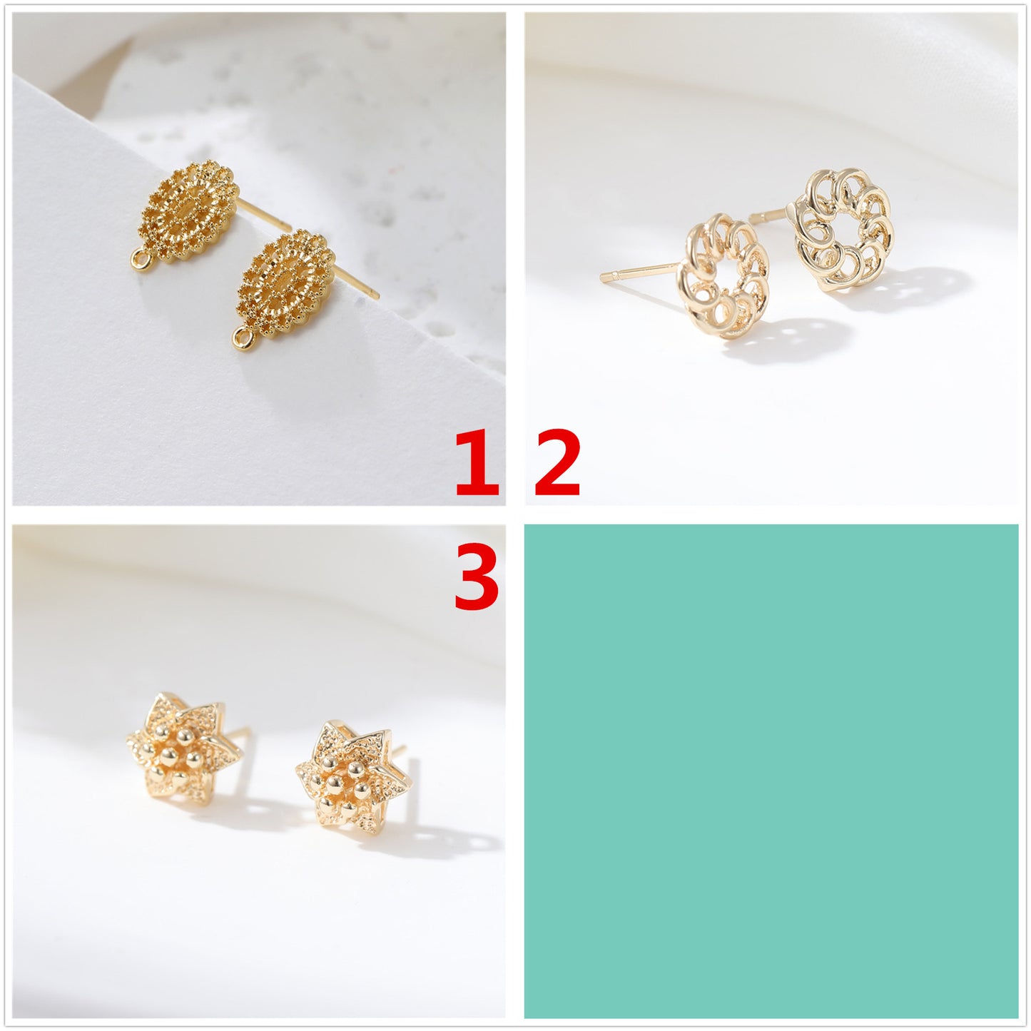 4 boucles d'oreilles à tige florales en cercle ovale avec boucle d'oreille 14K GF