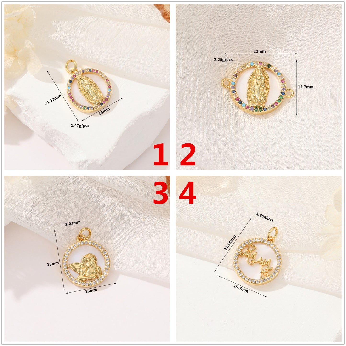 2 Jesus Cupid Mama Sun Snake Charm Pendant Rhinestone Embellished 14K GF