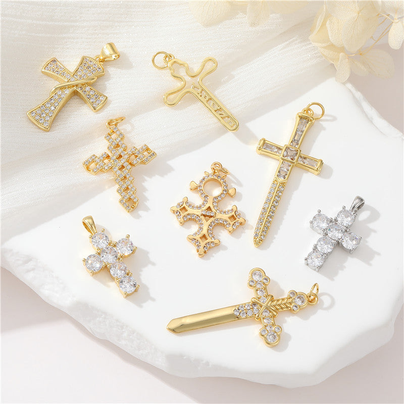2 Cross Charm Pendant Rhinestone Embellished 14K GF