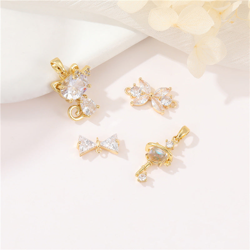 2 Key Cat Pendant Double Looped Bowknot Charm Connector Rhinestone Embellished 14K GF
