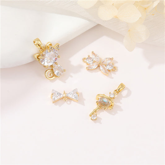 2 Schlüsselkatzen-Anhänger, doppelt geschlungen, mit Schleife, Charm-Verbindungsstück, Strassverzierung, 14 Karat GF