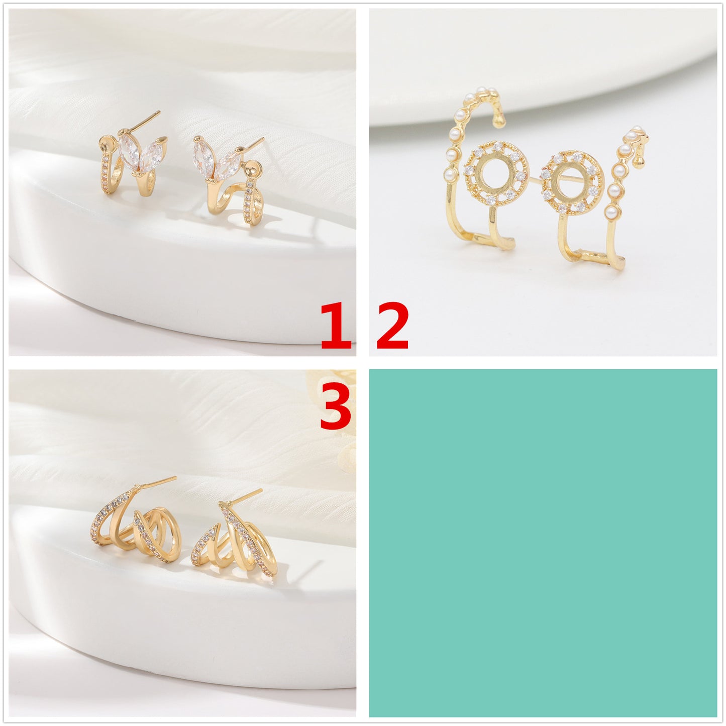 4 boucles d'oreilles florales en demi-cercle ornées de strass 14K GF Earing