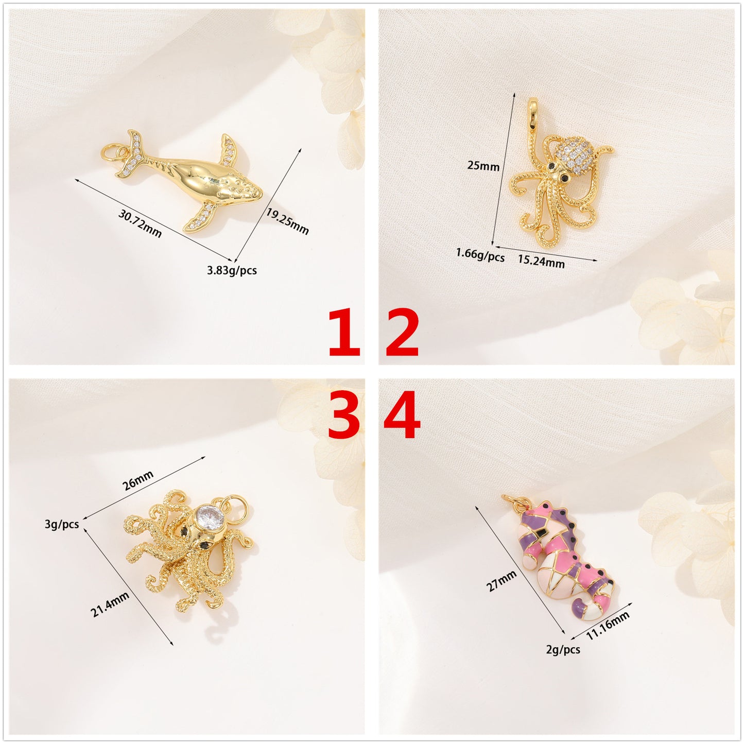 2 Whale Octopus Seahorse Shell Conch Starfish Coral Jellyfish Charm Pendant Rhinestone Embellished 14K GF