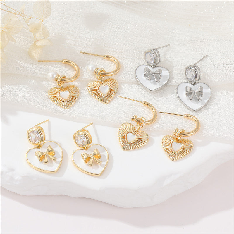 Boucles d'oreilles à tige avec 4 nœuds papillon, breloque en forme de cœur, demi-cercle, ornées de strass, 14 carats, GF