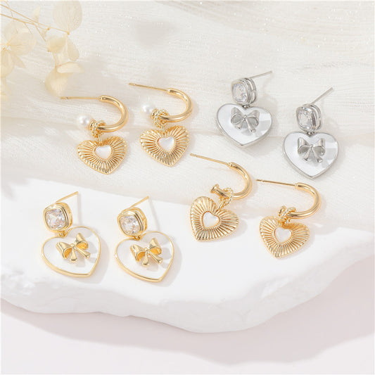 Boucles d'oreilles à tige avec 4 nœuds papillon, breloque en forme de cœur, demi-cercle, ornées de strass, 14 carats, GF