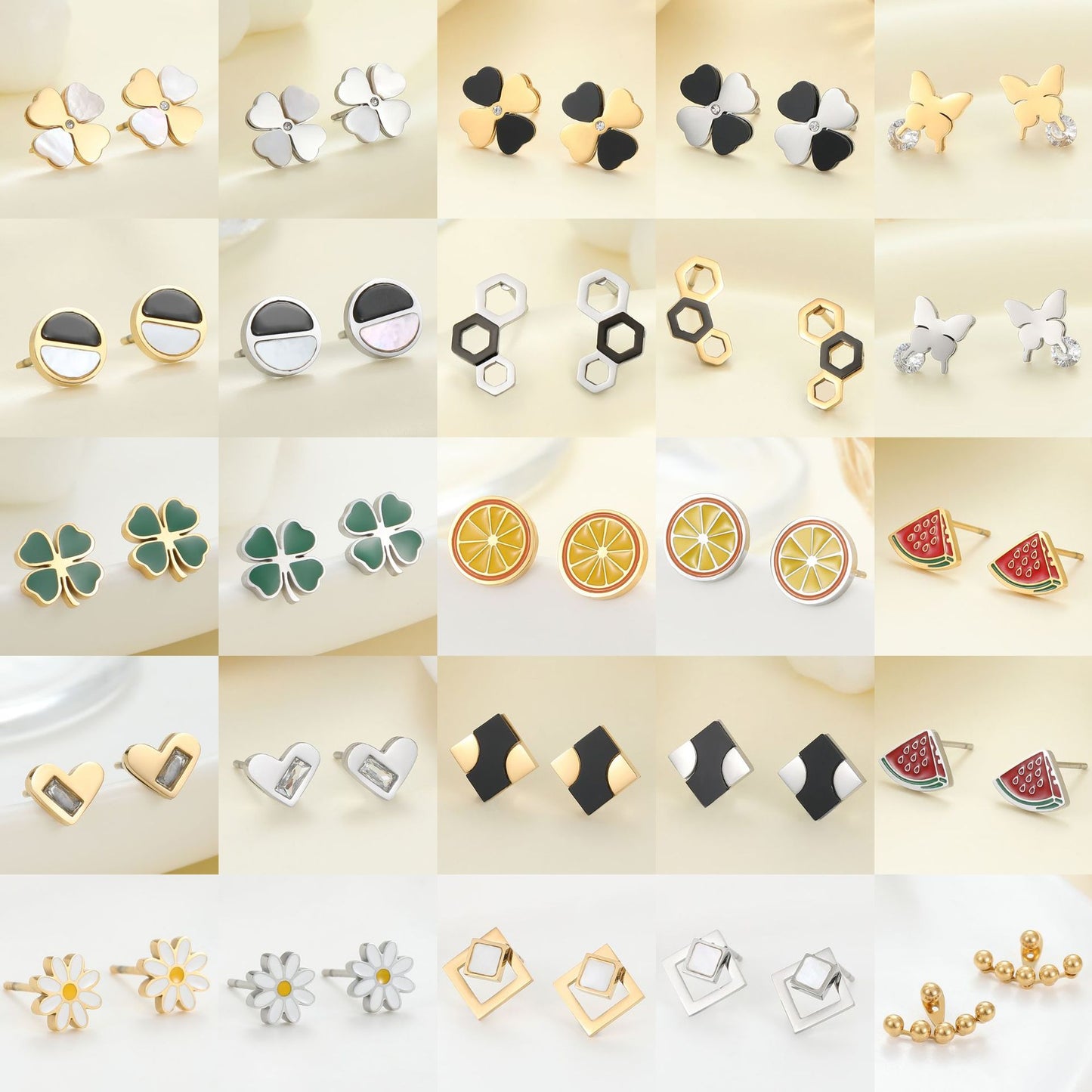 4 Émail Époxy Trèfle à quatre feuilles Orange Pastèque Floral Papillon Carré Coeur Cactus Boucles d’oreilles à tige 14K GF Strass Embelli Boucle d’oreille