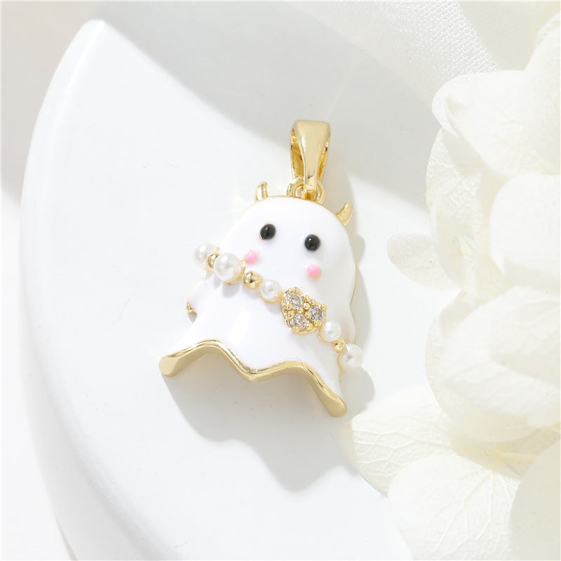 2 Pendentif Charme Fantôme Émail Époxy 14K GF Strass Embelli