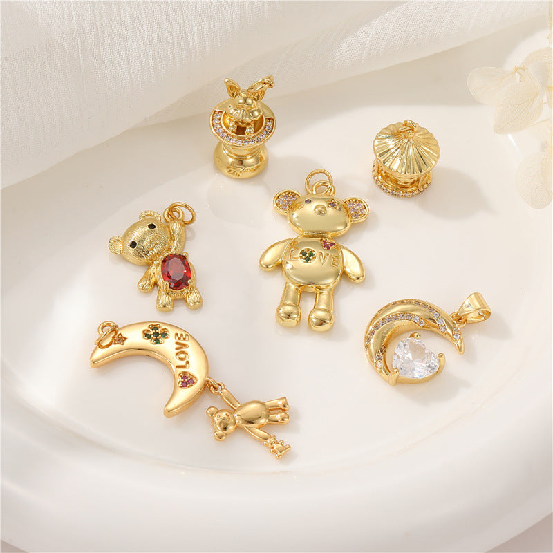 2 Petit Ours Lapin Lune Charme Pendentif Strass Embelli 14K GF
