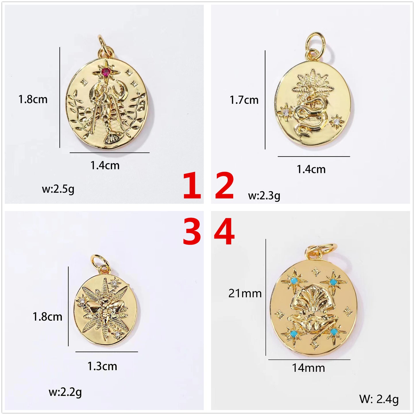 2 Tiny Scorpion Snake Bee Shell Charm Pendant Rhinestone Embellished 14K GF