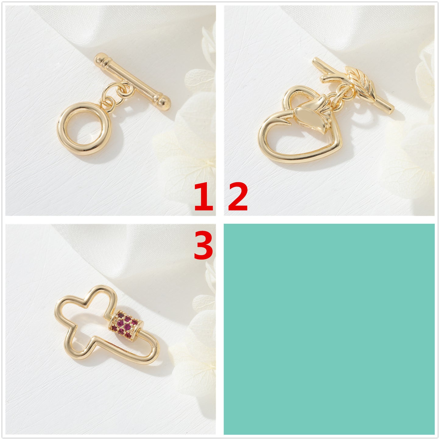 Fermoir OT en forme de cœur Floral, 2 cercles ronds, connecteur de fermoirs en strass à vis croisée 14K GF