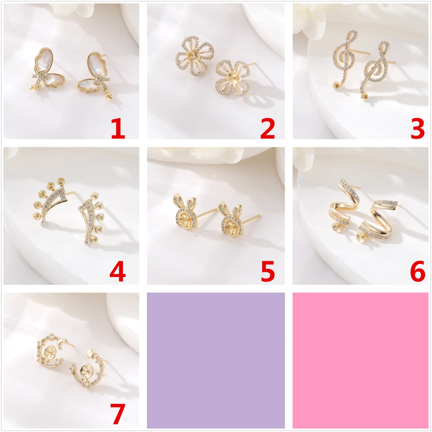 4 boucles d'oreilles papillon, signe de musique florale, lapin, spirale, ornées de strass, 14K GF, boucle d'oreille à moitié percée, perle vierge