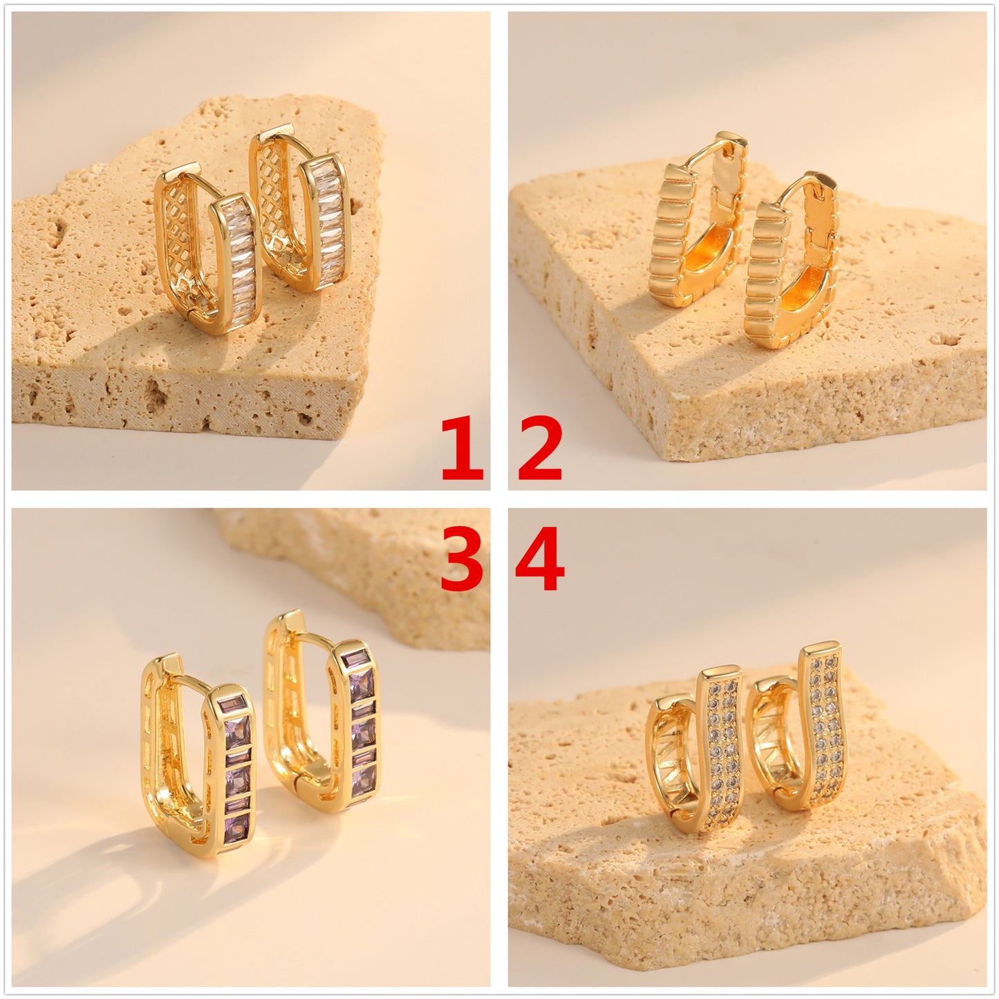 4 boucles d'oreilles créoles oblongues ornées de strass 14K GF Earing