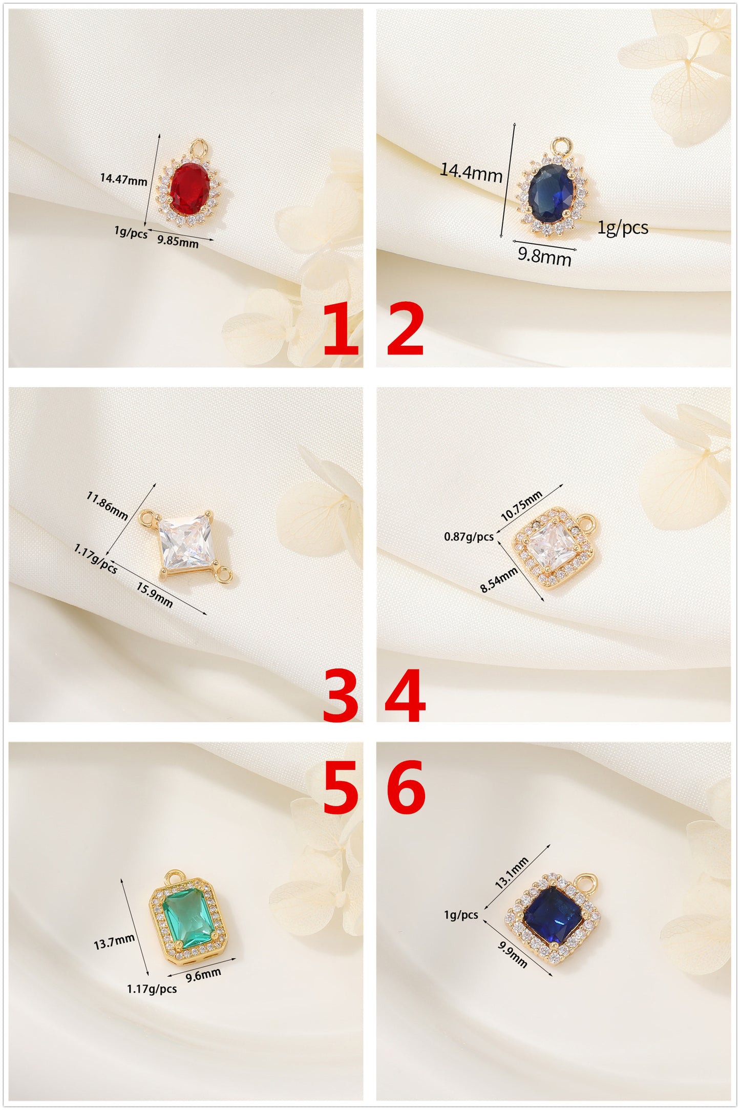 2 Oval Diamond Square Rectangle Charm Pendant Rhinestone Embellished 14K GF