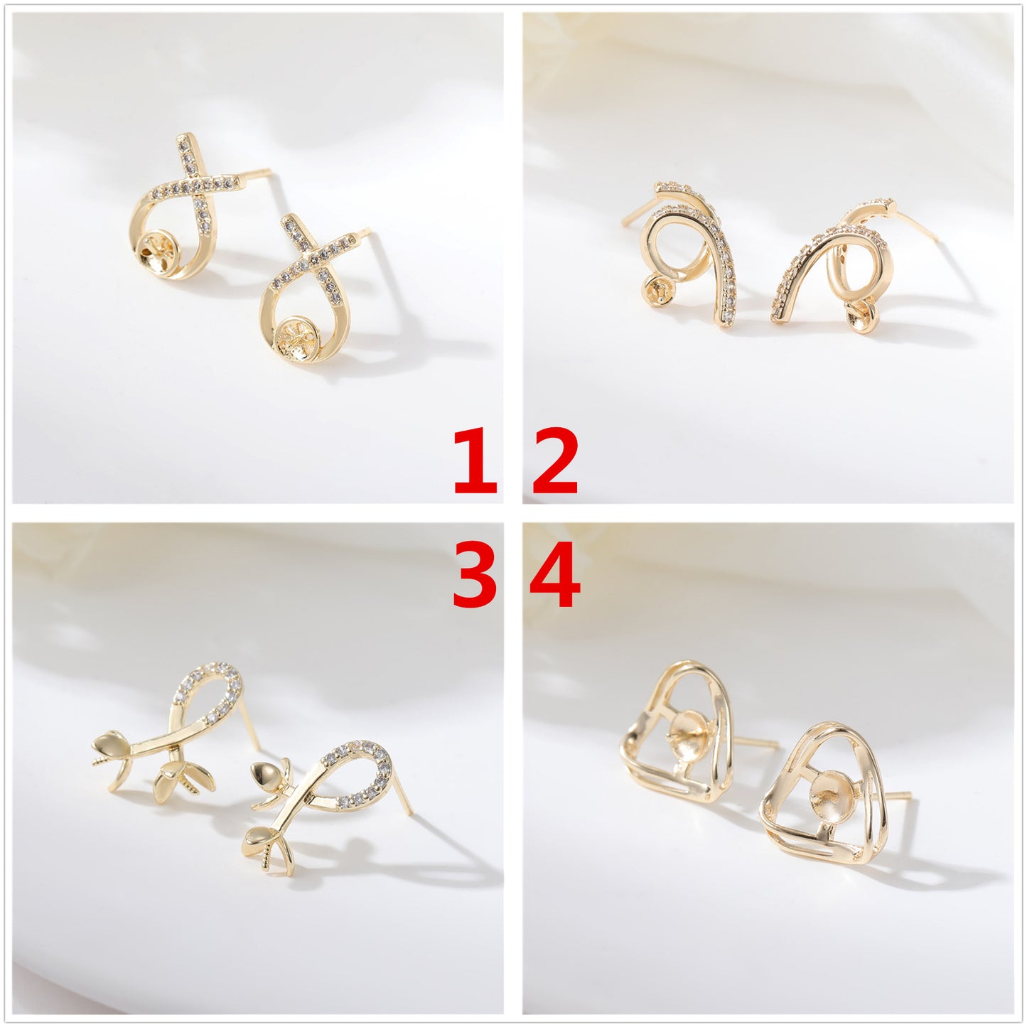 4 boucles d'oreilles à tige en forme de vigne florale ornées de strass 14 carats GF à moitié percées en perles vierges