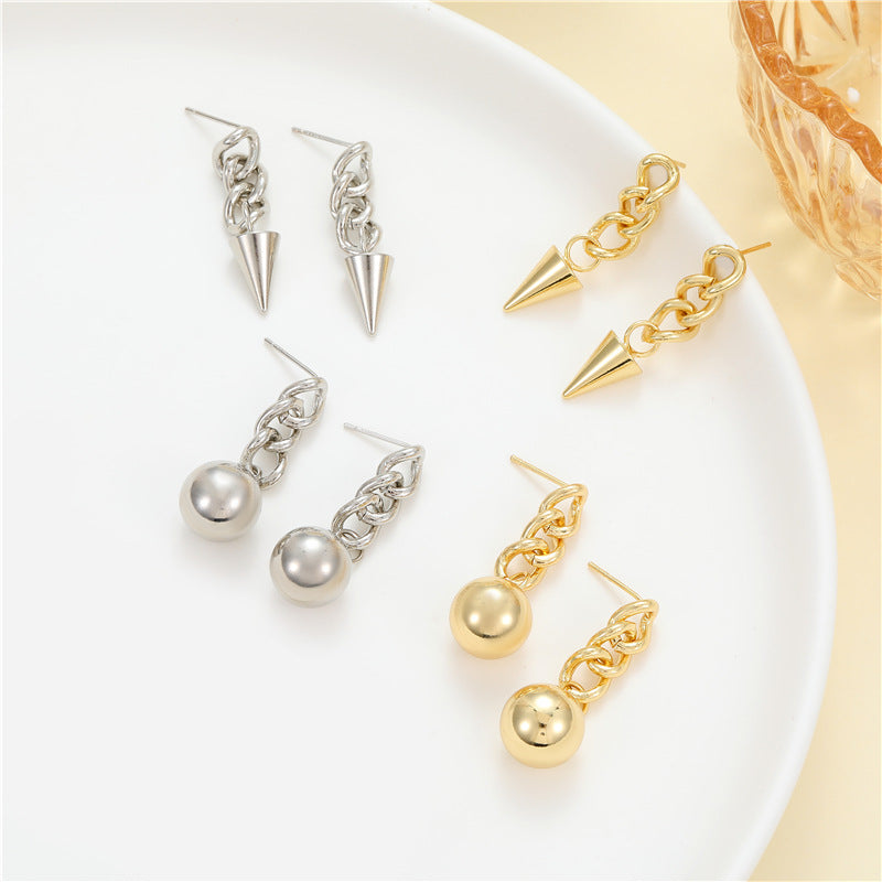 4 Cable Chain Cone Sphere Drop Charm Stud Earrings 14K GF Earing