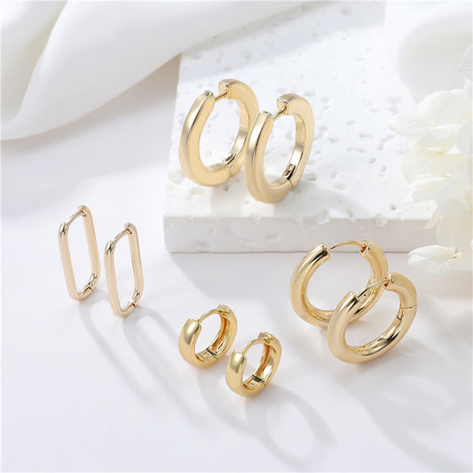 4 boucles d'oreilles créoles rondes rectangulaires brillantes 14K GF Earing
