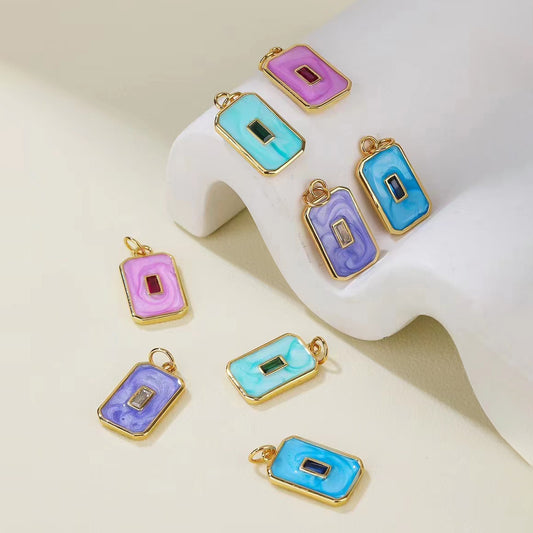 2 pendentifs à breloque rectangulaires en émail époxy 14K GF strass embellis