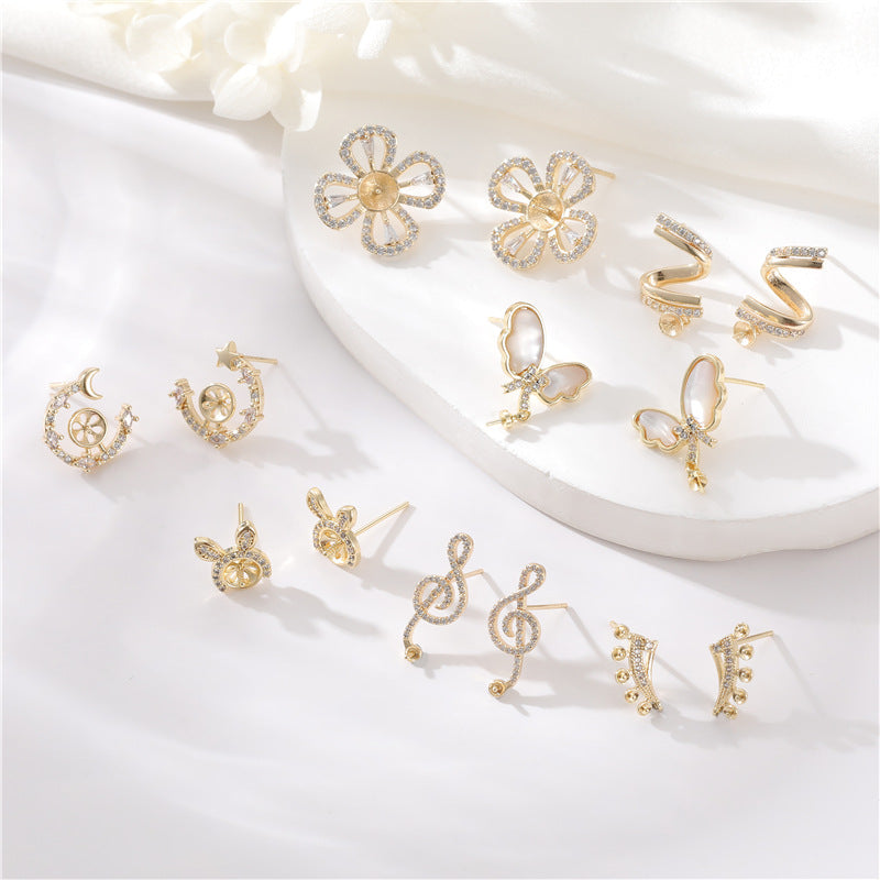 4 boucles d'oreilles papillon, signe de musique florale, lapin, spirale, ornées de strass, 14K GF, boucle d'oreille à moitié percée, perle vierge