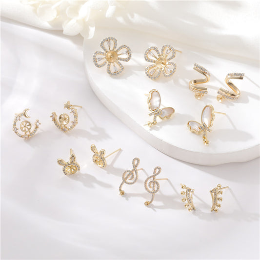 4 boucles d'oreilles papillon, signe de musique florale, lapin, spirale, ornées de strass, 14K GF, boucle d'oreille à moitié percée, perle vierge