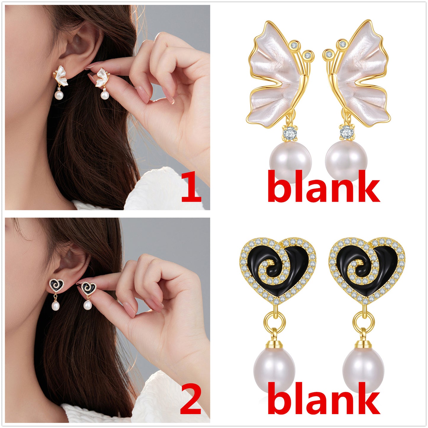 4 boucles d'oreilles papillon coeur broche fleur croix feuille boucles d'oreilles 14K GF coquille strass embelli boucle d'oreille moitié percée perle perle vierge