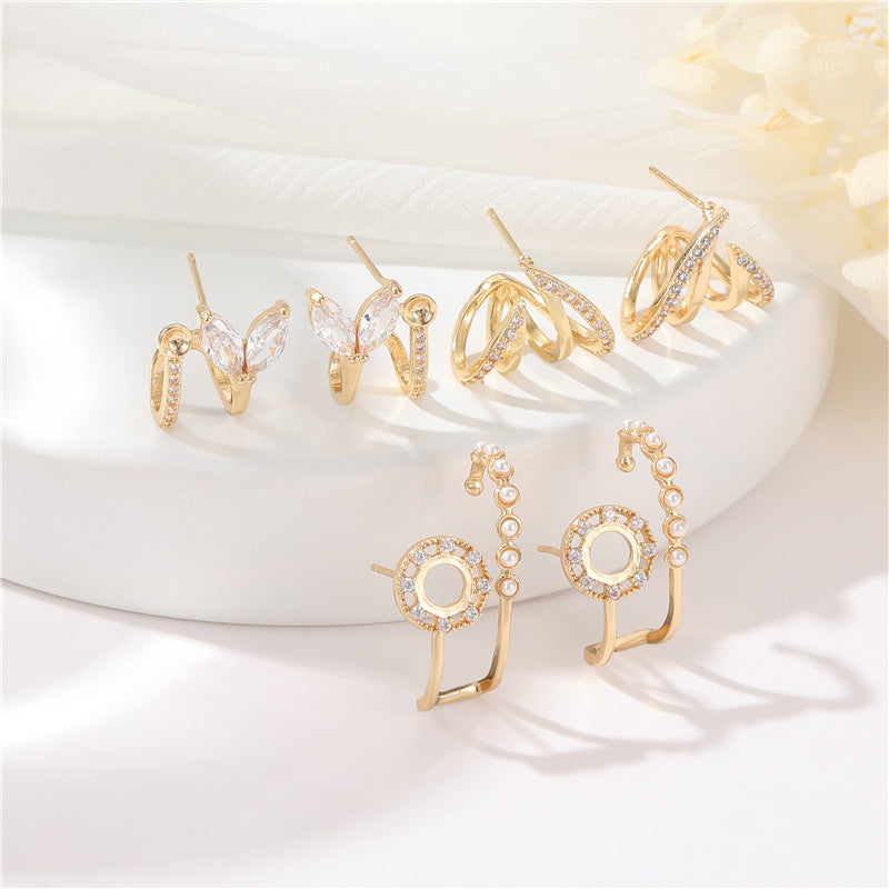 4 boucles d'oreilles florales en demi-cercle ornées de strass 14K GF Earing