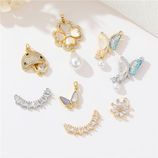 2 Papillon Champignon Floral Trèfle à Quatre Feuilles Charme Pendentif Strass Embelli 14K GF