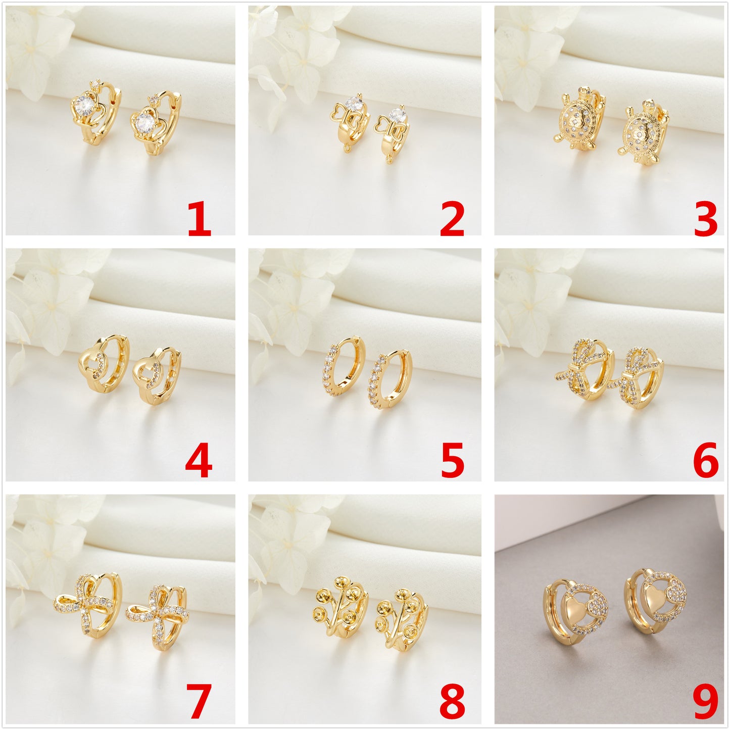 Boucles d'oreilles rondes en forme de tortue, 4 couronnes, nœud papillon, arbre floral, cœur, ornées de strass, 14K GF