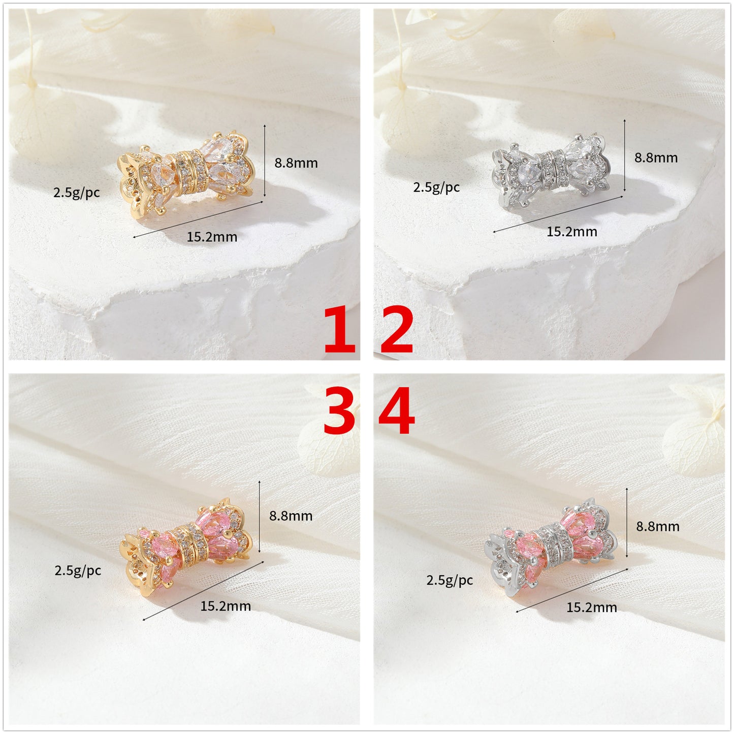 2 fermoirs à vis floraux ornés de strass 14K GF