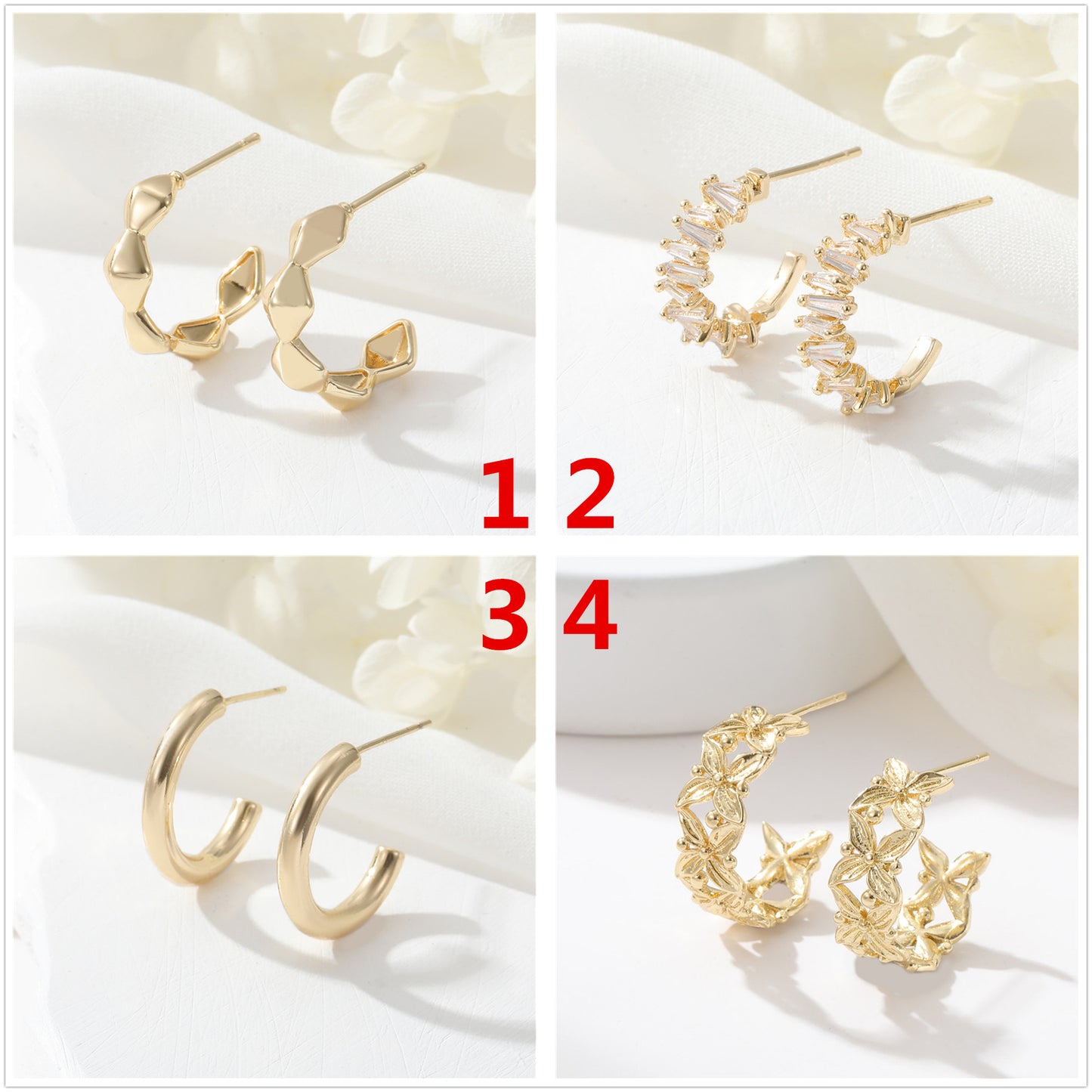 4 boucles d'oreilles à tige florales à facettes en demi-cercle 14K GF Earing