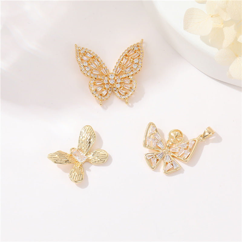 2 Butterfly Charm Pendant Rhinestone Embellished 14K GF