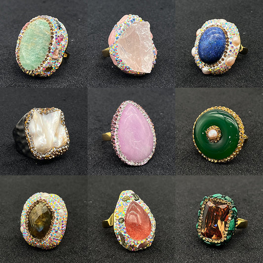 Bague en pierre précieuse naturelle à cercle ouvert ornée de strass 14K GF