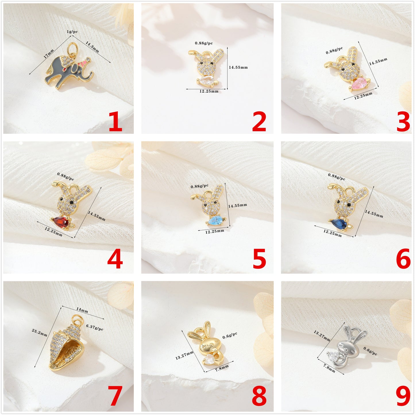 2 pendentif à breloque éléphant lapin conque strass embelli 14K GF