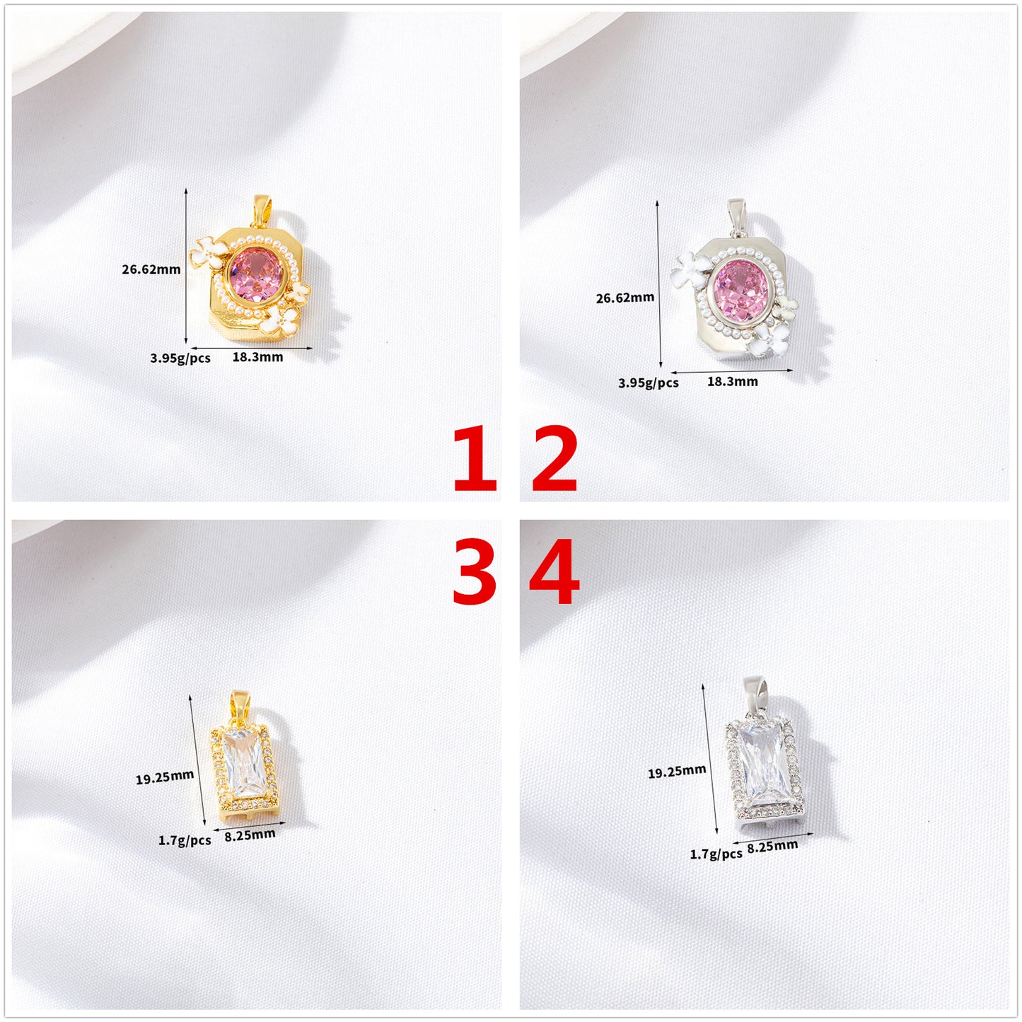 2 Oval Rectangle Charm Pendant Rhinestone Embellished 14K GF