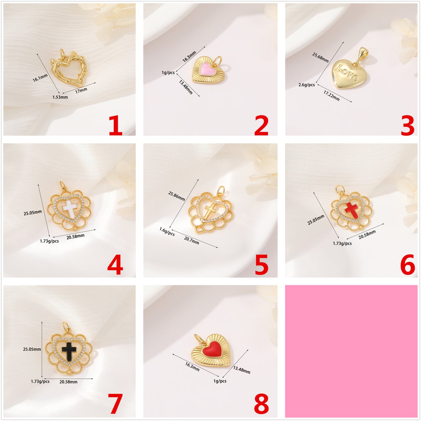 2 Heart Charm Pendant Rhinestone Embellished 14K GF