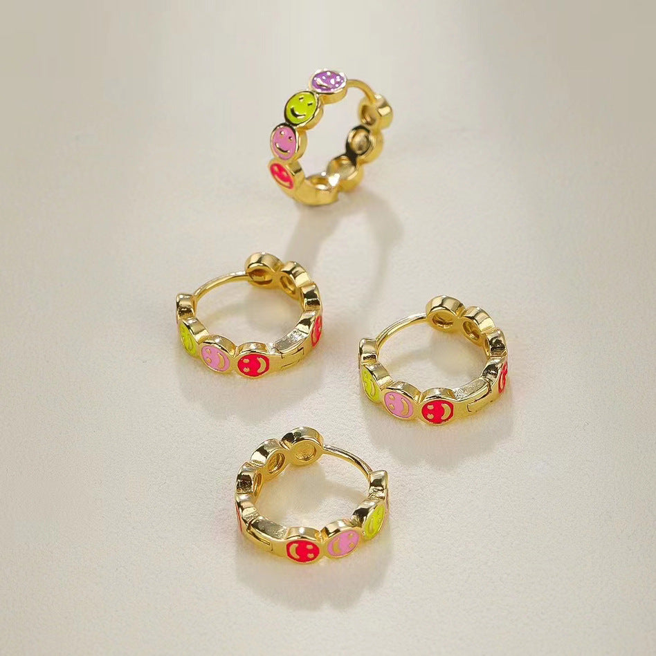 4 Smile Face Hoop Earrings Enamel Epoxy 14K GF Earing
