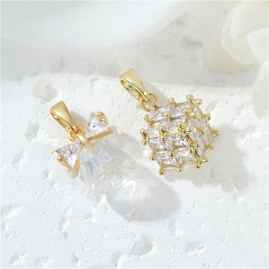 2 pendentif à breloque cube en cloche avec nœud papillon orné de strass 14K GF