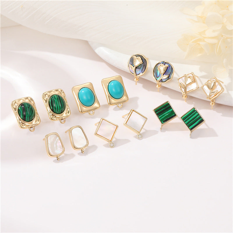 4 boucles d'oreilles ovales rectangulaires rondes avec boucle Malachite Turquoise Shell embellie 14K GF Earing