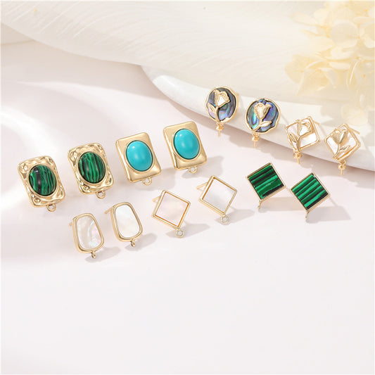 4 boucles d'oreilles ovales rectangulaires rondes avec boucle Malachite Turquoise Shell embellie 14K GF Earing