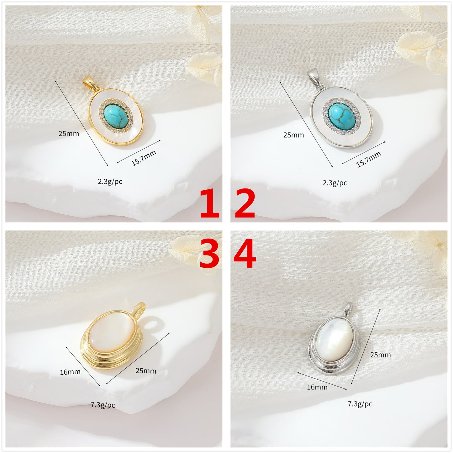2 Square Oval Rectangle Oblong Charm Pendant Turquoise Shell Rhinestone Embellished 14K GF