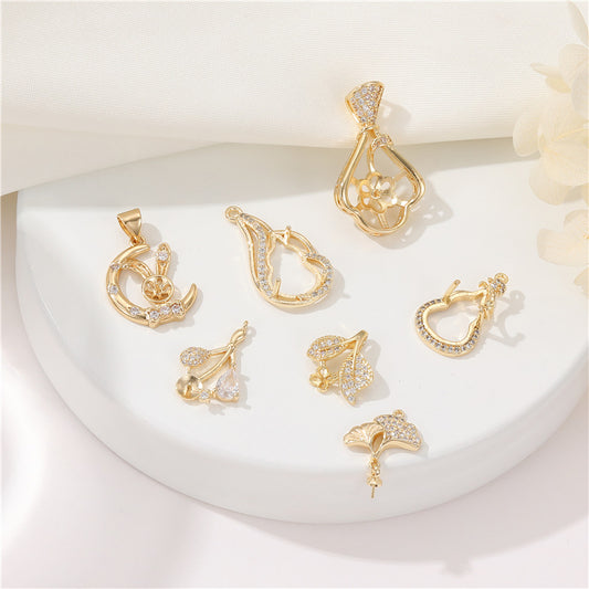 2 Kürbisblatt-Charm-Anhänger mit Strasssteinen, halbgebohrte 14-karätige GF-Perle, Rohling