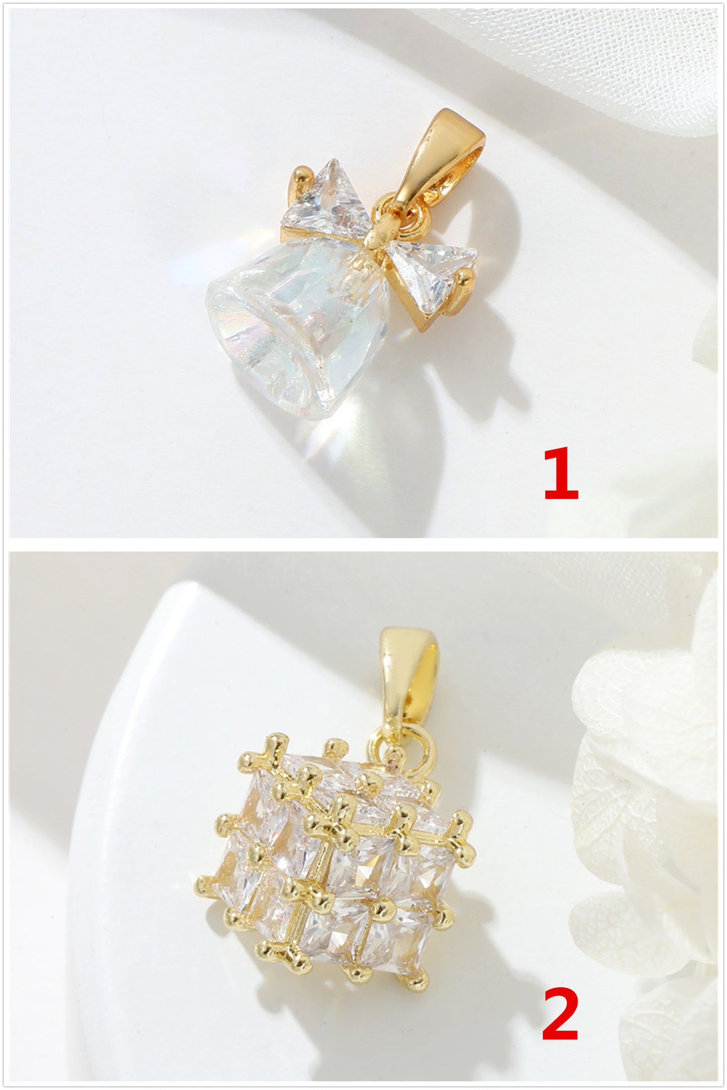 2 pendentif à breloque cube en cloche avec nœud papillon orné de strass 14K GF